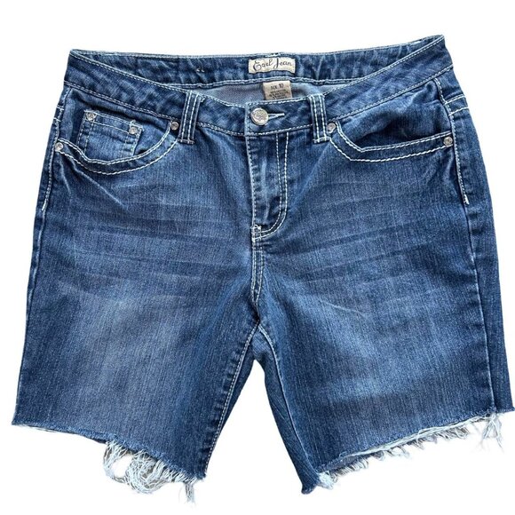 3/$15 y2k Dark wash denim shorts with silver embellishments and frayed hem grung - Picture 2 of 6
